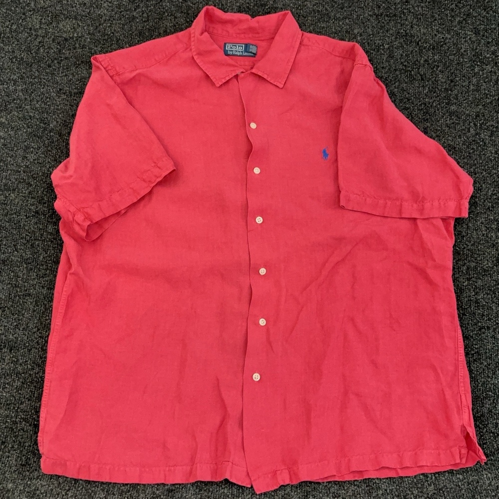 Polo Ralph Lauren Shirt Mens XL Red Linen Silk Short Sleeve Button Up Casual